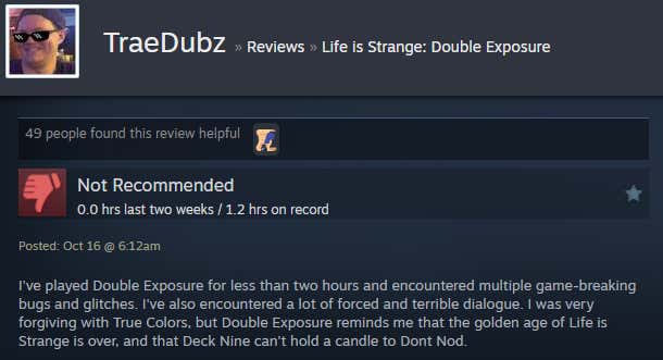 Screenshot showing a Steam review for Life is Strange: Double Exposure.